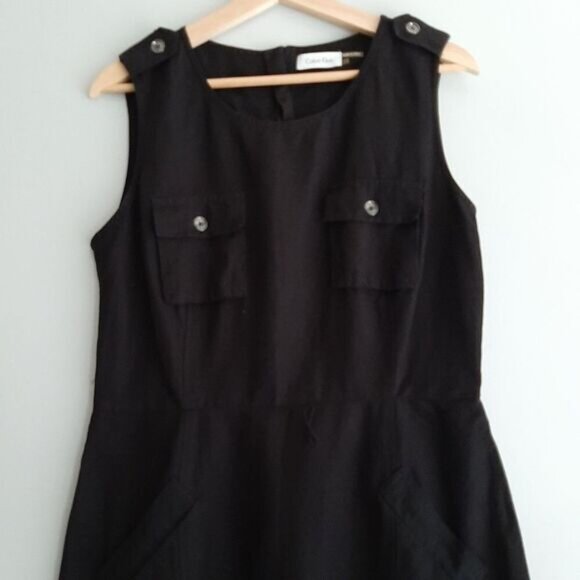CALVIN KLEIN / Linen Blend w/ Pockets Knee Length Dress Black Sz 12 - Picture 2 of 12